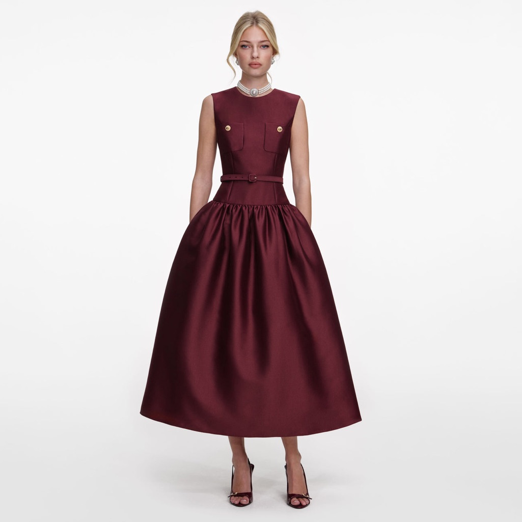 Self-Portrait New Burgundy Taffeta Midi Dress